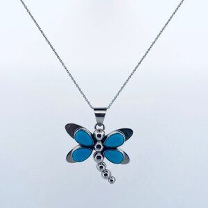Sterling Silver 925 Turquoise Dragonfly Pendant Necklace 18" Spring Ring 7.68g